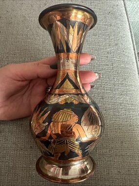 Handcrafted Black and Copper Metal Egyptian Decorative Vase